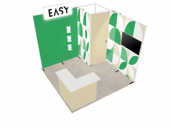 Stand 9m²  avec une enseigne lumineuse, une réserve et un comptoir