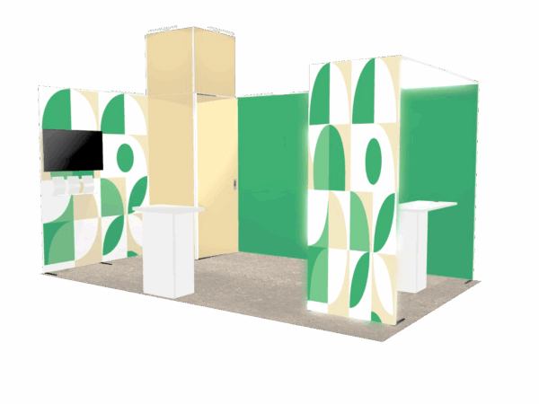 Stand 15m² avec une arche lumineuse, une réserve + réhausse, une console et un comptoir