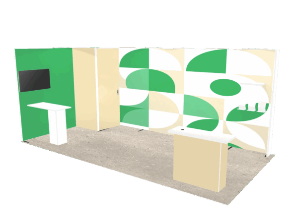 Stand 18m² avec une réserve, une console et un comptoir