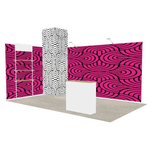 Stand 15m² avec une réserve réhaussée, une étagère et un comptoir