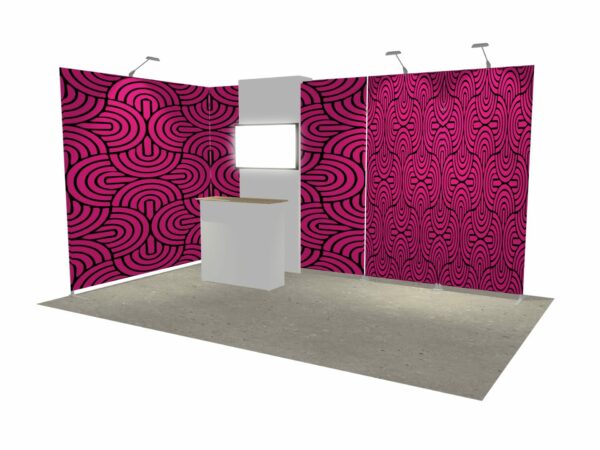 Stand 12m² avec un comptoir et un écran