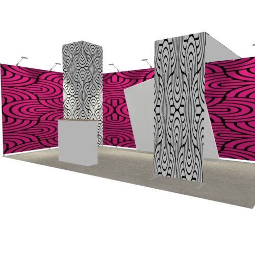 Stand 18m² avec une réserve réhaussée, une arche et un comptoir