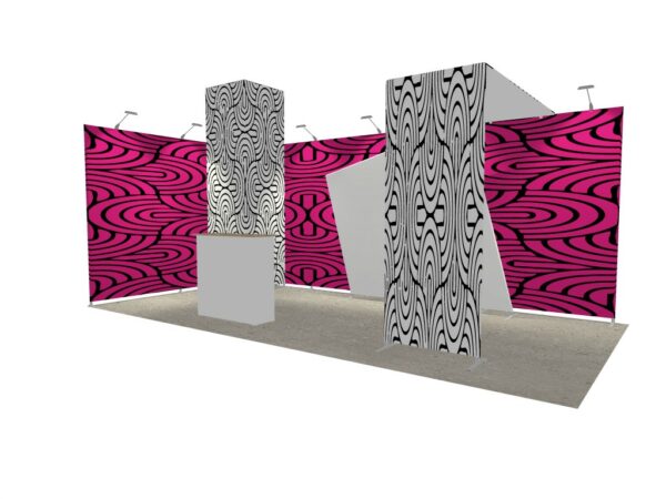 Stand 18m² avec une réserve réhaussée, une arche et un comptoir