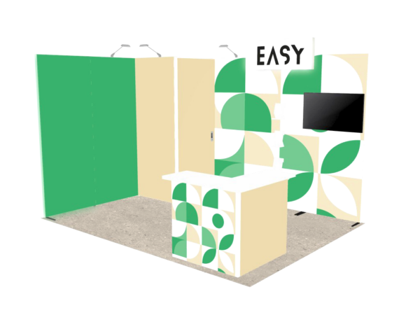Stand 12m² avec une enseigne lumineuse, une réserve et un double comptoir